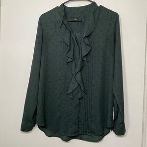 Ann Taylor SMALL Green red-blue details, Button Ruffle Shirt Top Long Sleeve